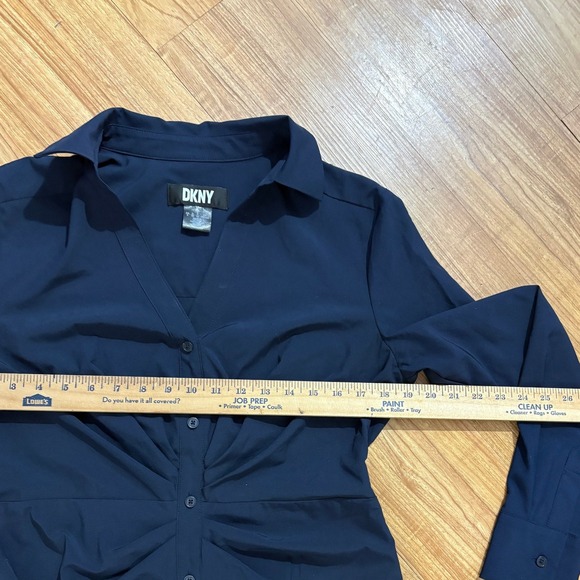 DKNY Midi Shirt Dress Navy Blue Button Front Twisted Waist Women Size 8 - Picture 3 of 8